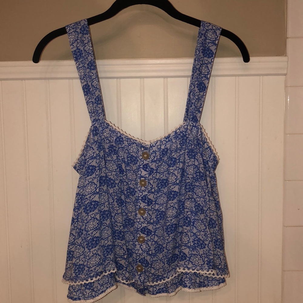 Free people lace-lined blue floral print tank top